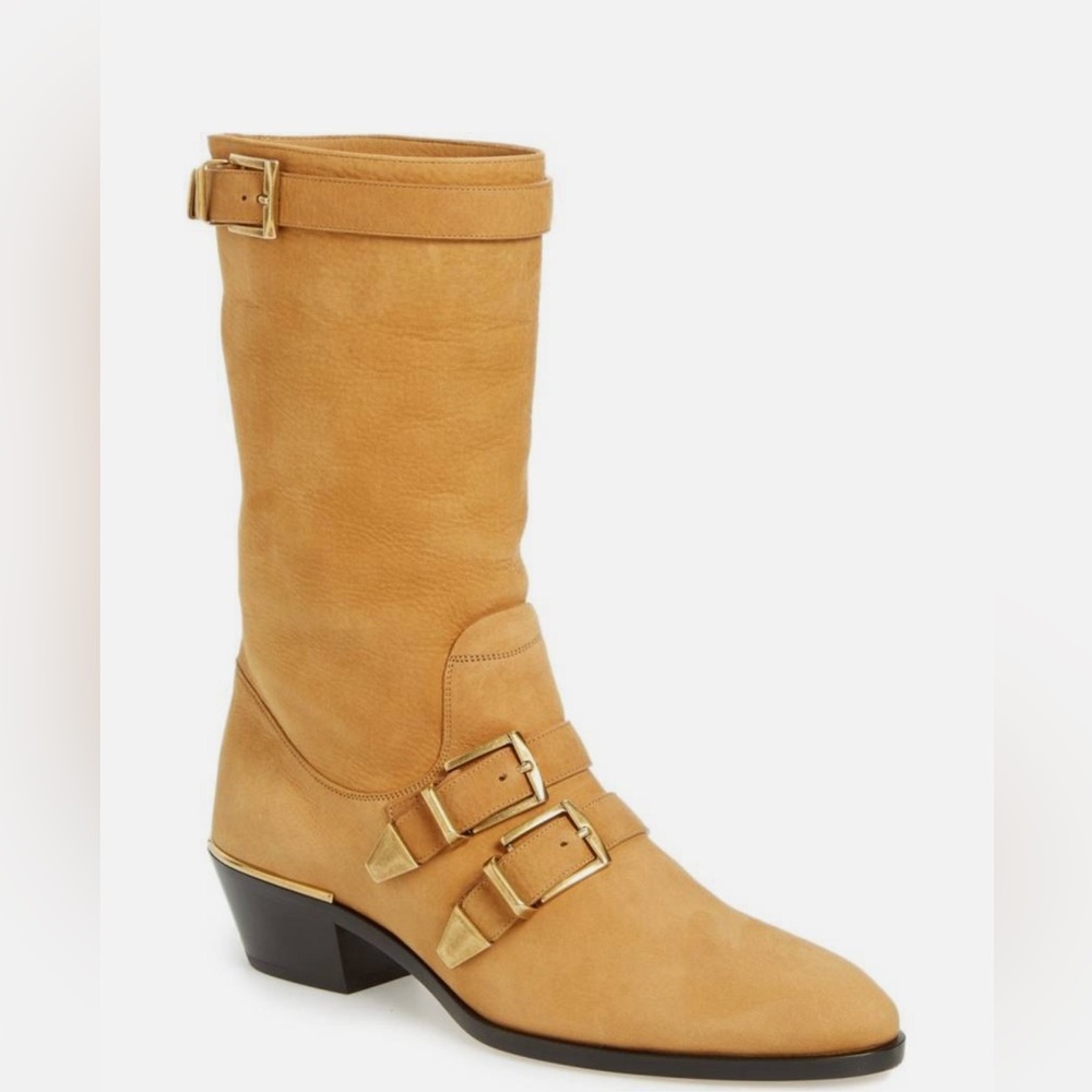 CHLOE Susanna Buckle Strap Mid Calf Boot Tan Brown Suede Low Heel EUR 37.5